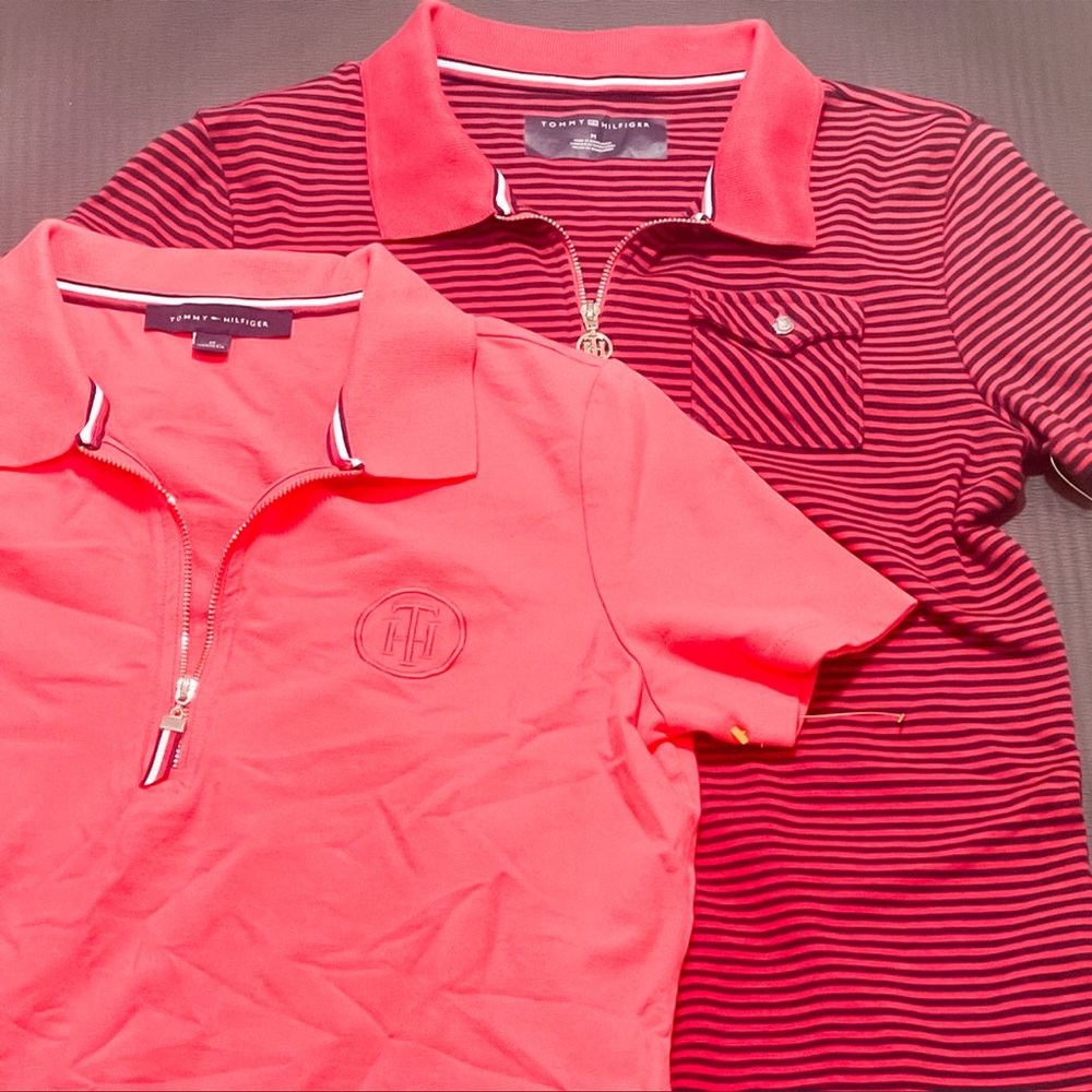 Two Tommy Hilfiger red shirts one stripped and one full color size M